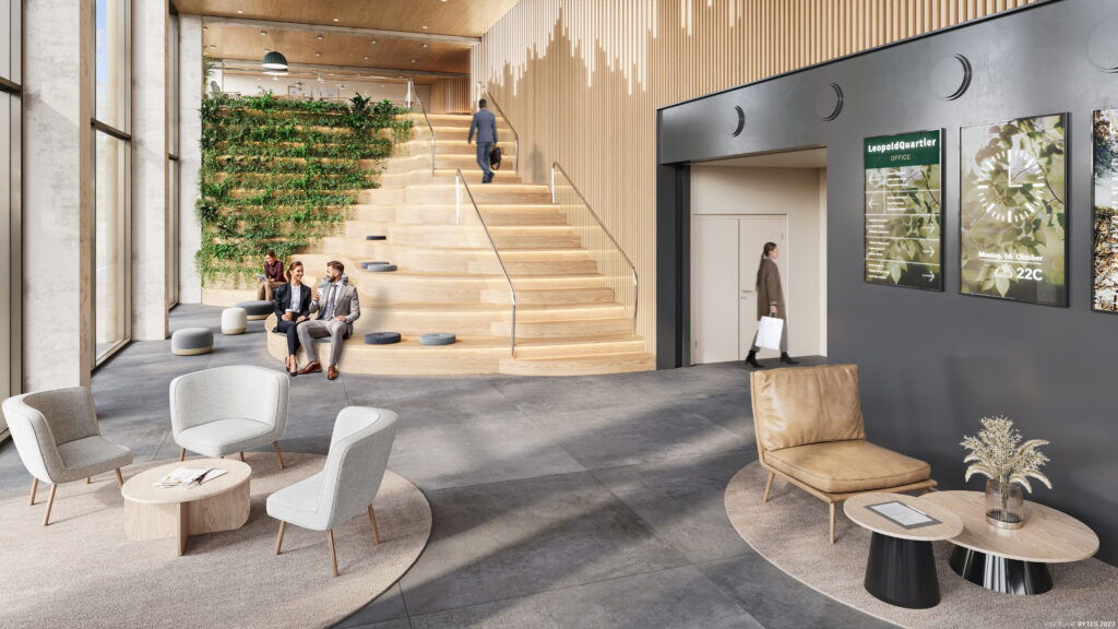 Modern and sustainable office lobby interior of LeopoldQuartier in Vienna with wooden grand staircase and vertical indoor garden