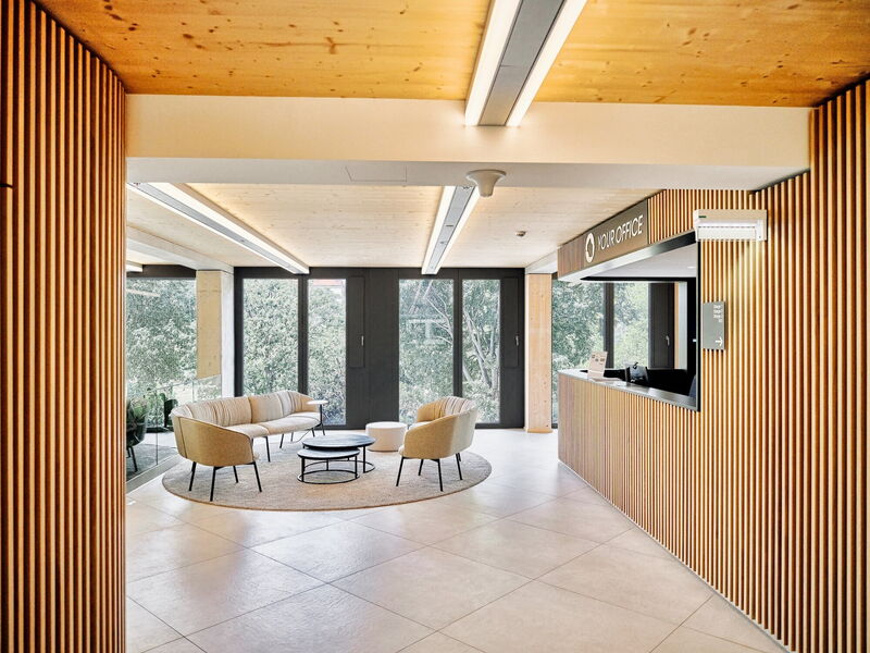 Modern office lobby and reception desk with wooden slat walls, comfortable seating lounge, and large windows overlooking trees.