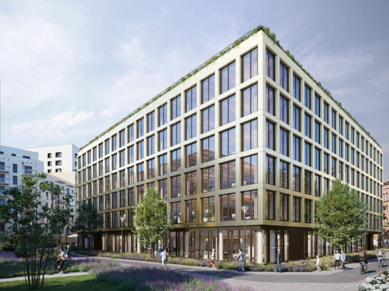 Architectural rendering of the Leopoldsquartier Building A office complex showing modern facade, large windows, and surrounding greenery.