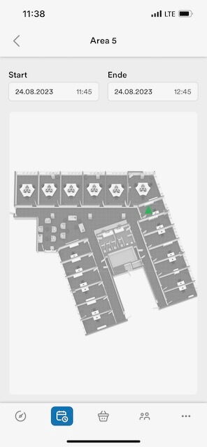 Mobile app interface showing an office floor plan for Area 5 with desk booking time selection from 11:45 to 12:45 on August 24, 2023.