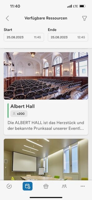 Mobile app screen showing available resources, including Albert Hall with seating for 200 people, and date/time selection filters.