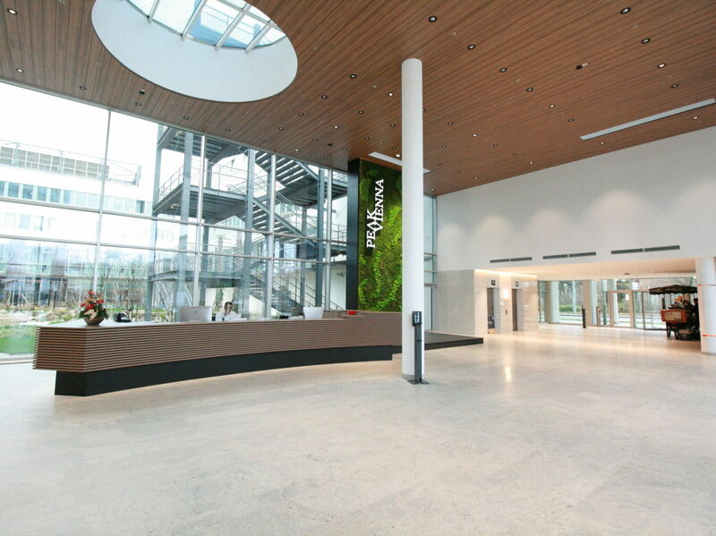 Geräumige und moderne Eingangshalle eines Bürogebäudes mit Holztresen, großen Glasfronten und einer vertikalen grünen Mooswand mit dem Schriftzug Peak Vienna