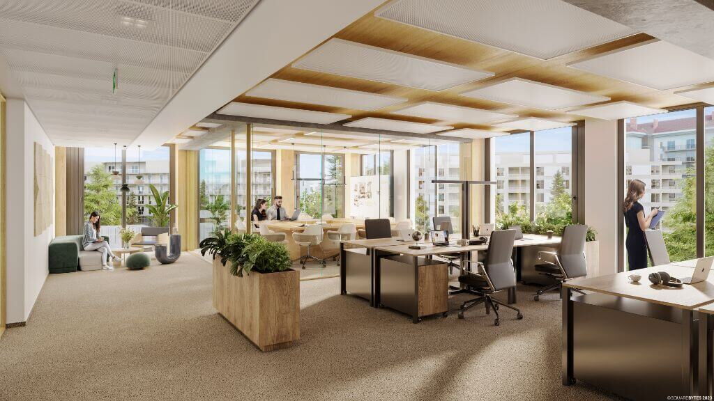 Bright and modern open-plan office interior with wooden accents, ergonomic workstations, and large windows at Leopoldsquartier Block A.