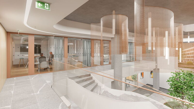 Innenansicht eines modernen Büro-Besprechungsraums und einer offenen Treppe im Campus Noricum YOUR_OFFICE mit stilvoller Netzdekoration.
