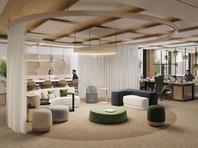 Modern open-plan office interior with collaborative lounge seating, circular lighting, and workstations at Leopoldsquartier