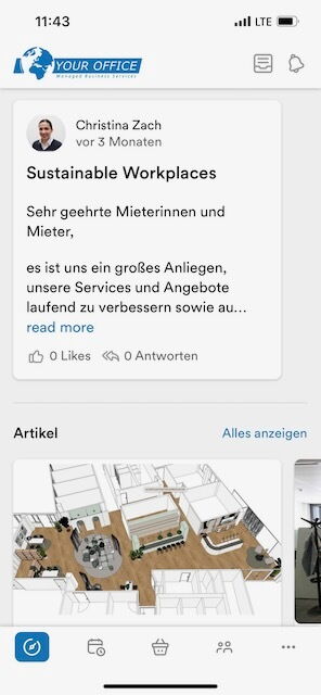 Screenshot of Your Office mobile app showing a post about Sustainable Workplaces by Christina Zach with a floor plan visualization