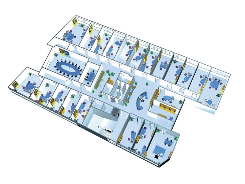 Isometrischer 3D-Grundriss mit detaillierter Aufteilung eines großen modernen Bürogebäudes mit Einzelbüros, Konferenzräumen und Empfang