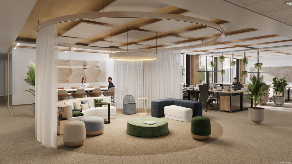 Modern open-plan office interior at Leopardsquartier with comfortable lounge seating, meeting areas, and workspaces