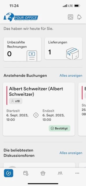 Mobile app dashboard screenshot showing Your Office managed business services with upcoming bookings, invoices, and deliveries