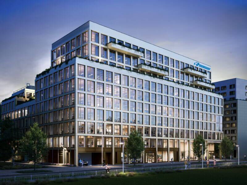 Architectural rendering of the Leopoldsquartier office building exterior with modern design and large windows