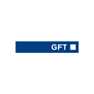 GFT Logo in einem blauen Balken auf weißem rundem Hintergrund