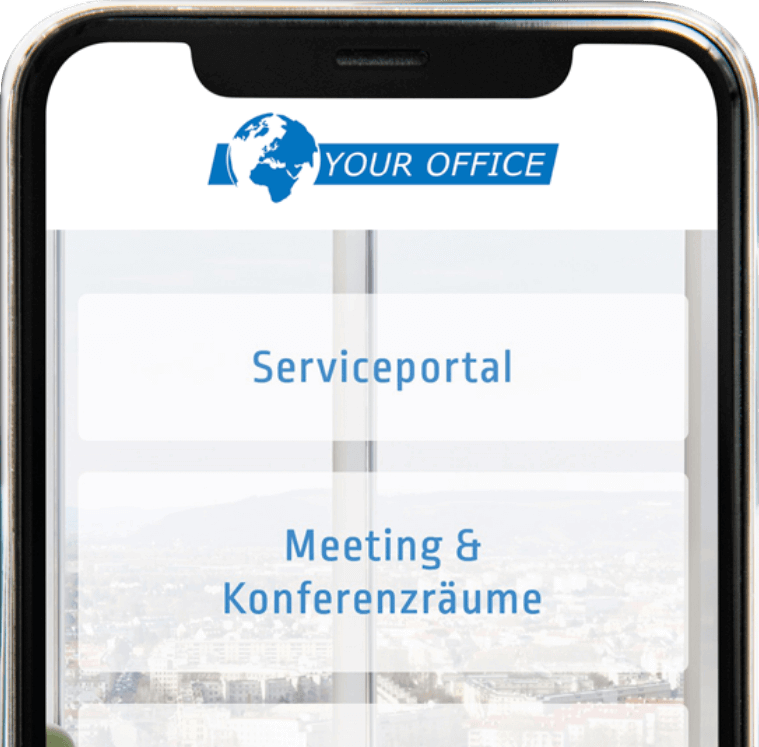 Mobile App-Oberfläche von Your Office mit Serviceportal und Menü für Meeting- und Konferenzräume auf einem Smartphone