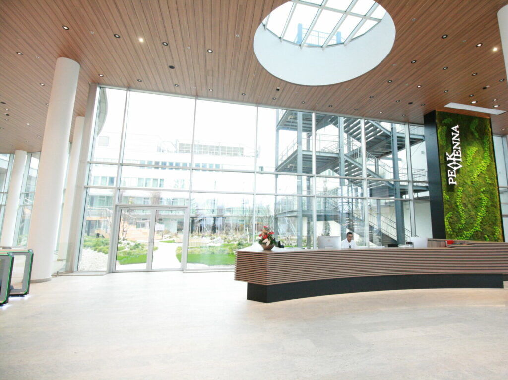 Helles und geräumiges modernes Büro-Foyer mit Empfangstheke, Holzdecke und großen Glasfenstern mit Blick auf den Innenhof