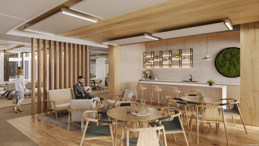 Modern office interior at Leopardsquartier Building A featuring a wooden ceiling, lounge area with a man sitting on a sofa, a coffee bar, and round dining tables.