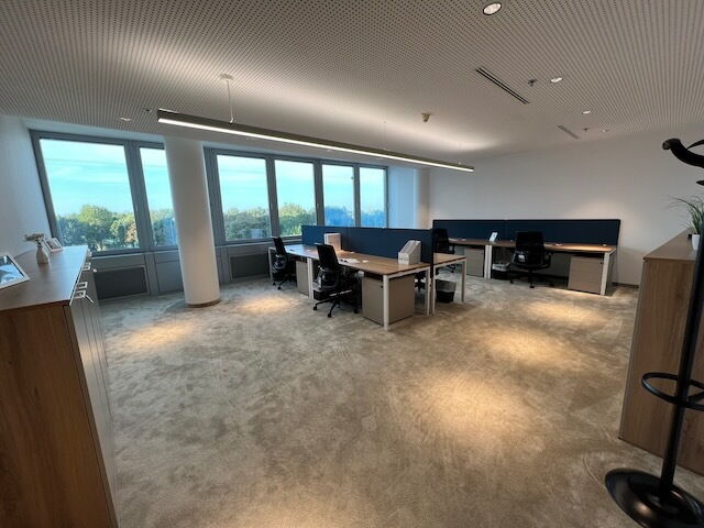 Bright and modern open-plan office space featuring wooden desks, ergonomic chairs, acoustic dividers, and large windows with a view of greenery.