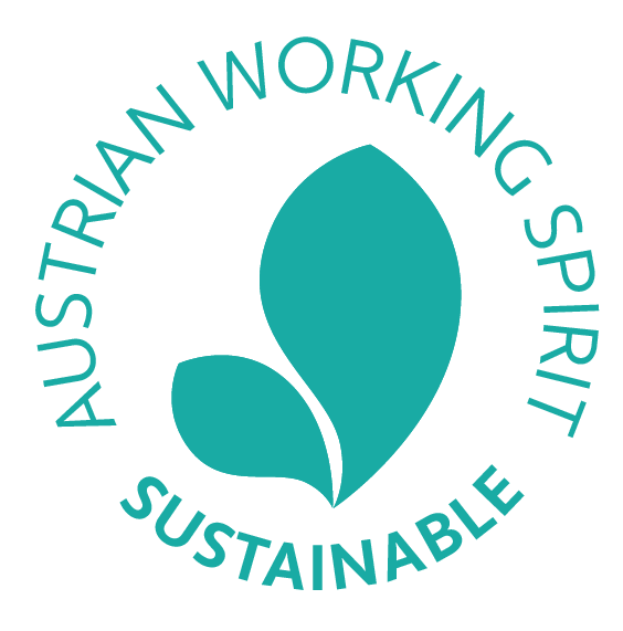 Green logo featuring stylized leaves and the text Austrian Working Spirit Sustainable in a circle