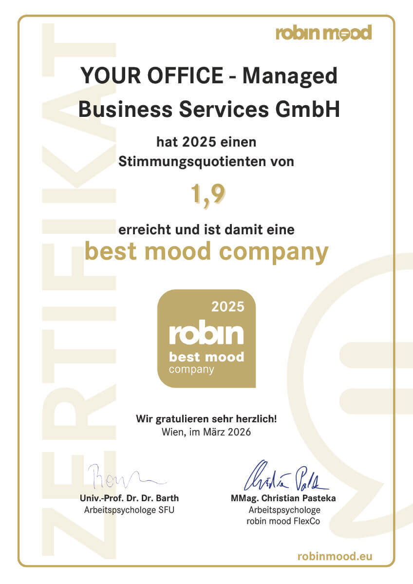 Zertifikat für YOUR OFFICE als best mood company 2025 von robin mood mit einem Stimmungsquotienten von 1,9