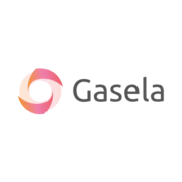 Gasela Markenlogo mit einem pink-orangen abstrakten Wirbel-Symbol und dunkelgrauer Typografie