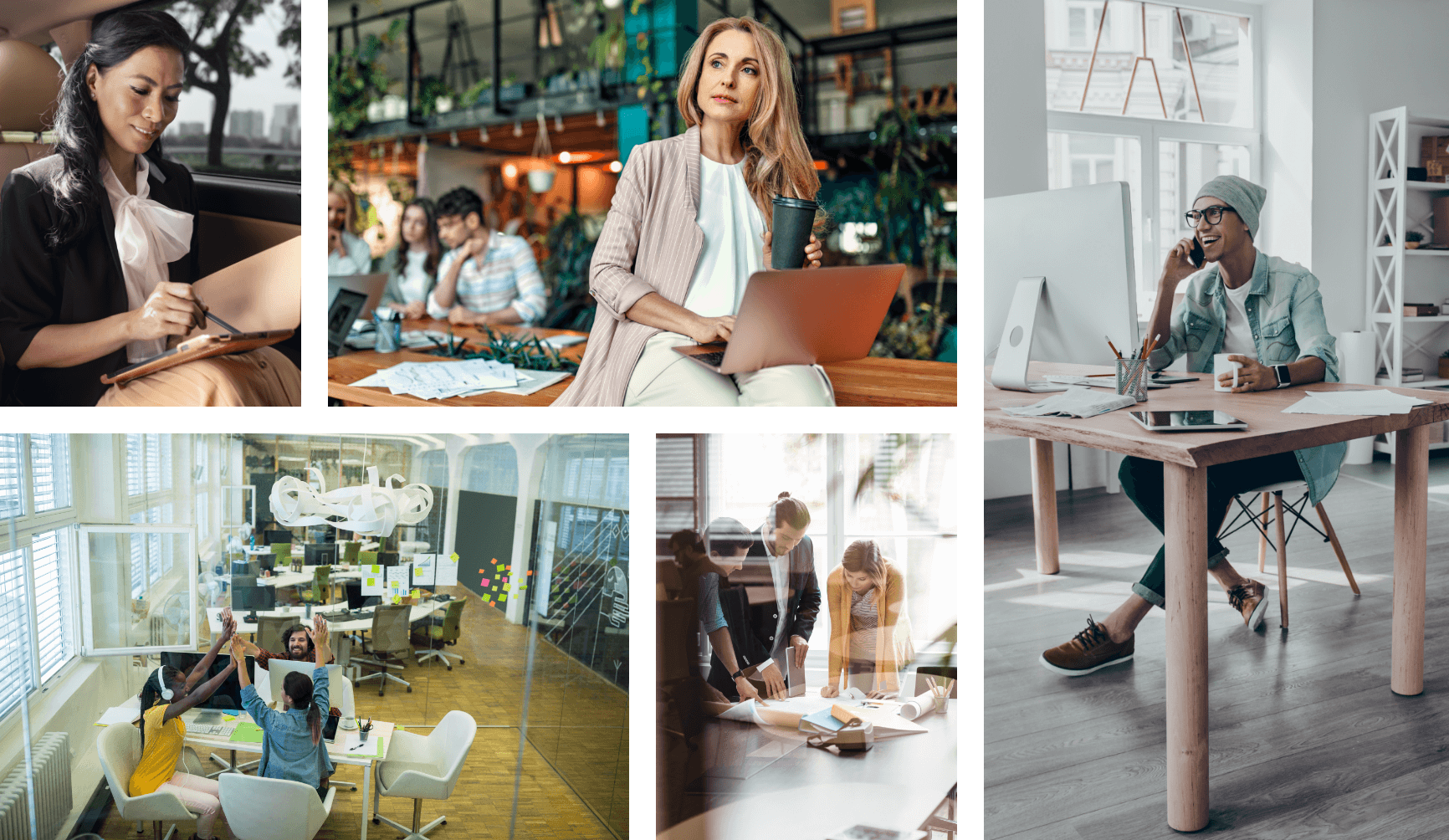 Eine Collage mit verschiedenen Fachleuten in modernen Büros, darunter Frauen mit Laptops, zusammenarbeitende Teams und ein Mitarbeiter am Telefon.